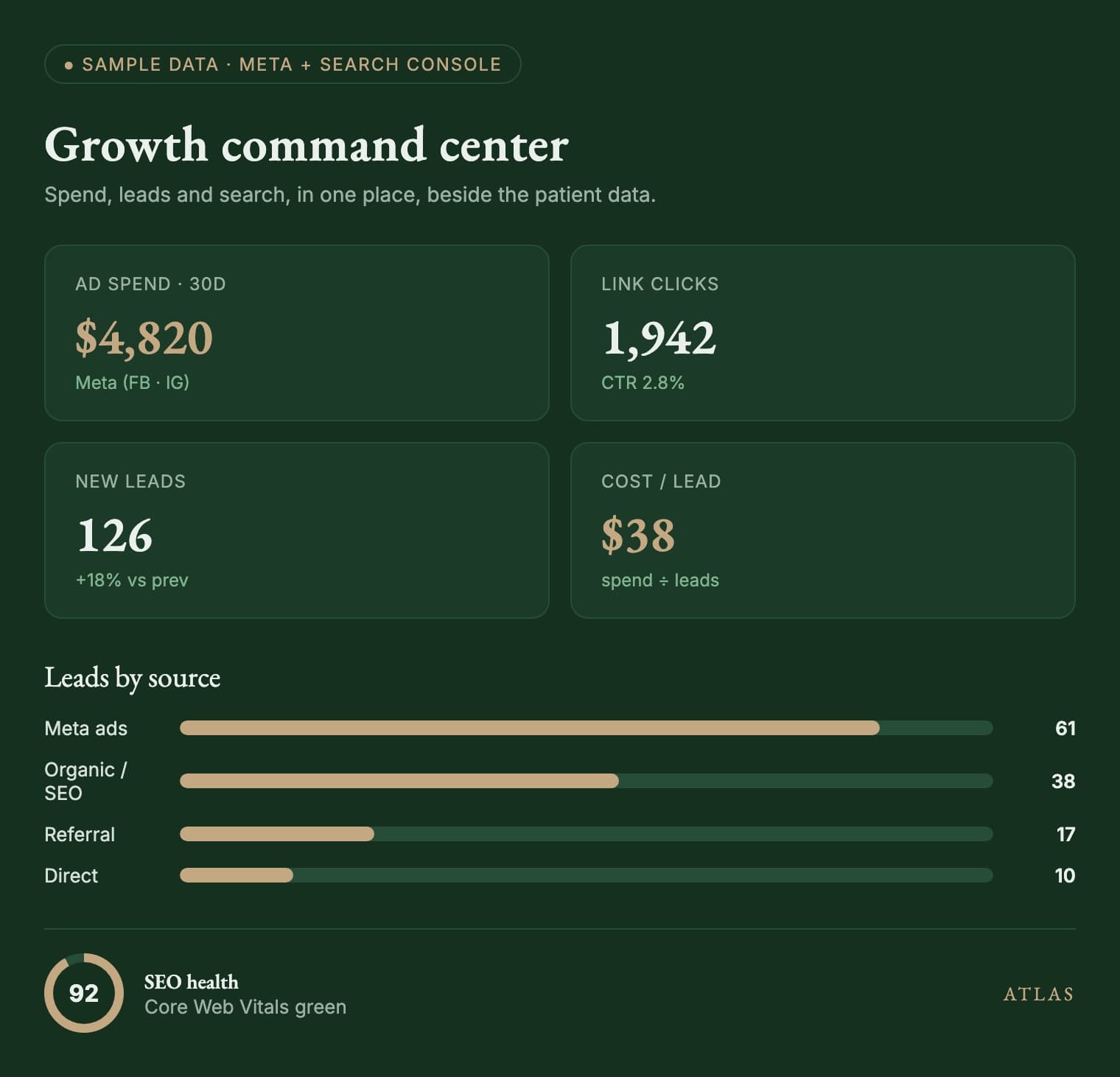 The growth command center: ad spend, cost-per-lead, lead-source attribution, and an SEO health score.