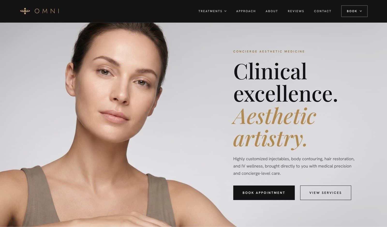 Omni Injectables homepage: editorial portrait beside the headline 'Clinical excellence. Aesthetic artistry.'